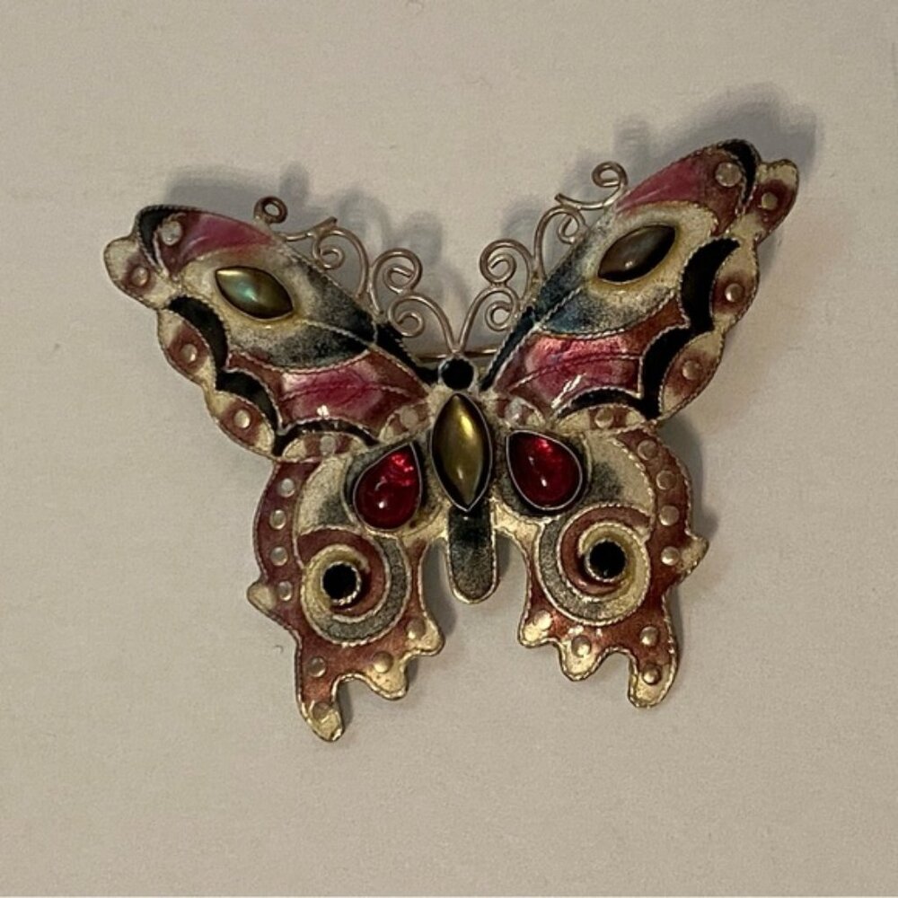 BROOCH BUTTERFLY ENAMEL BEADED WHITE GRAY PINK SILVER VERY DETAILED